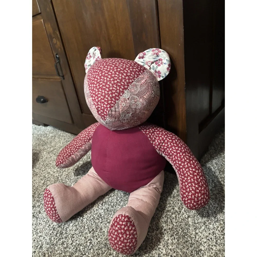 Vintage Handmade Patchwork Teddy Bear Burgundy Floral Paisley Gingham Plush 15